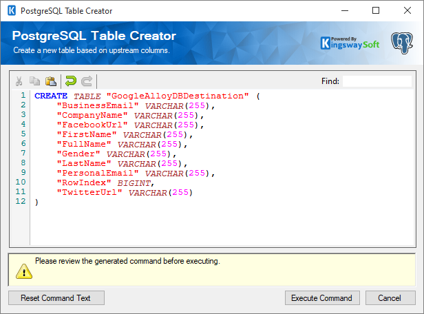 Google AlloyDB Destination Component - Create Table.png